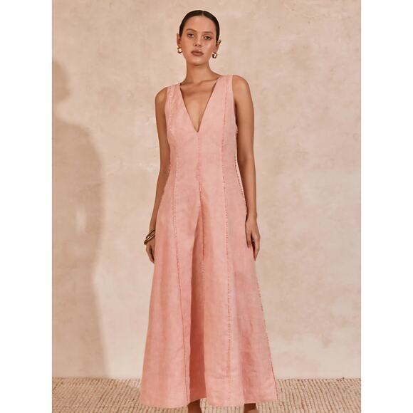 Mon Renn Women's Light Pink Kahlo Linen Blend Sleeveless Midi Dress NWT Size M - Picture 1 of 16